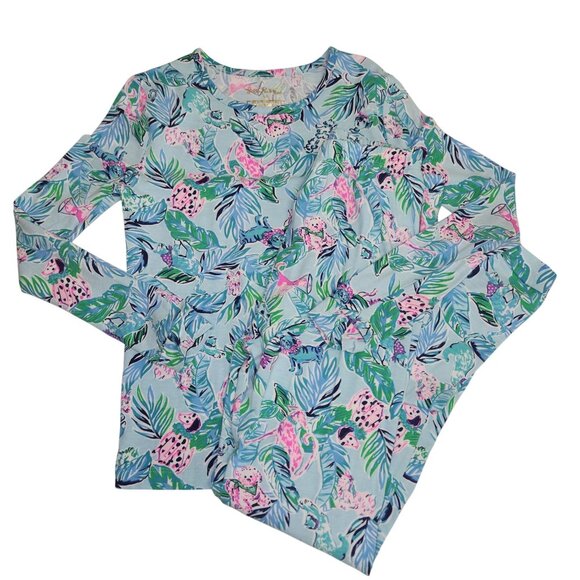 Lilly Pulitzer Girls Long-Sleeve Tropical Print Shirt Size 10 Blue & Pink Cotton - Picture 1 of 9
